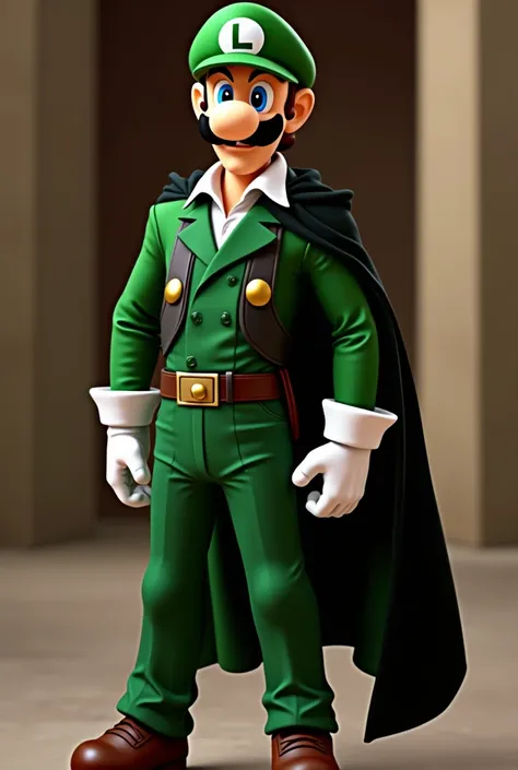 Luigi wearing the green cap from super mario brothers and the outfit and mask worn by guy fawkes from V is for Vendetta. The cape is green and held open and flowing in the wind. The outfit is similar to guy fawkes. The mask is a perfect recreation of the m...