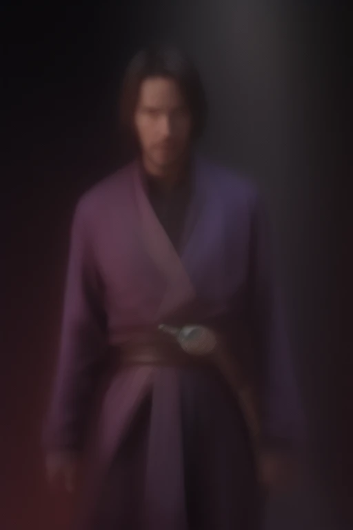 Keanu Reeves, as a Jedi Knight, with a purple lightsaber in each hand