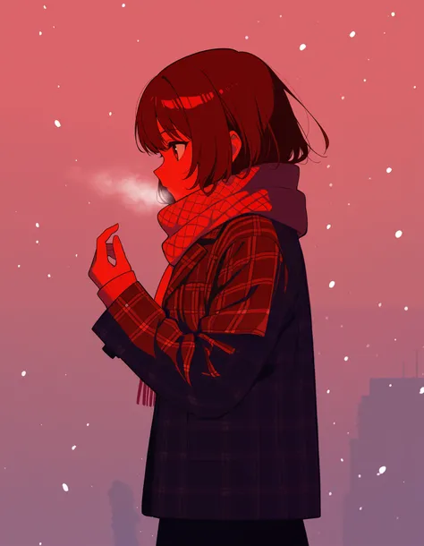 colorful, 1girl, jacket, long sleeves, plaid, plaid jacket, profile, scarf, silhouette, sleeves past wrists, snowing, short hair, hand up, red theme, skirt, solo, looking afar, from side, masterpiece, best quality, newest, very awa