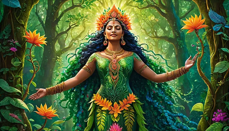 The divine valar Yavanna stands tall, her voice echoing through the forest as she sings life into the trees and plants. The vibrant colors and intricate details of each leaf and flower are a testament to her power and creativity.