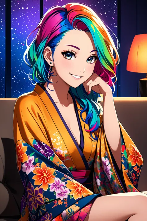 Portrait Photograph of a Beautiful shy girl sitting on her couch at night, TV glow, wild colorful hair, gorgeous face, tattoos, silk kimono, perfect proportions, ((warm smile))