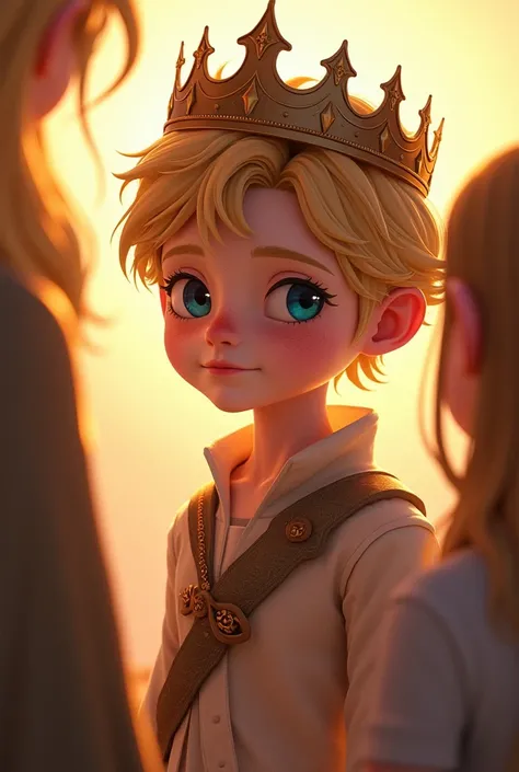 A  , he has a crown, he is  and he is a bit short than her because hes younger, he has slightly wavy dark blonde hair and dark blue eyes, very pale skin almost like milk, that looking a little bit uncanny but now his skin is shining because the sun,*