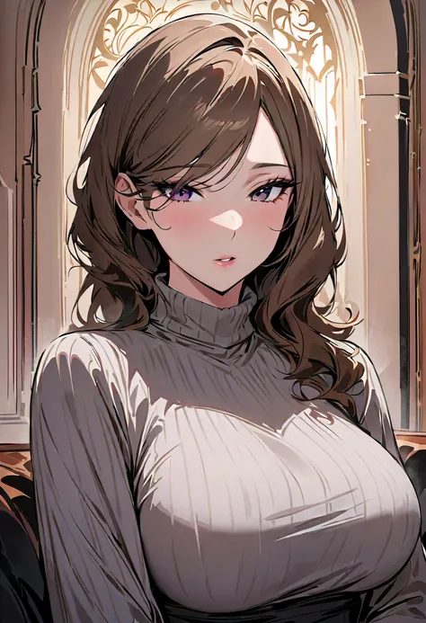 (masterpiece, best quality:1.2), 1 girl, alone, milf, hot, elegant, big breasts, long brown hair, motherly gaze, gentle, in a grey sweater, bedroom behind 