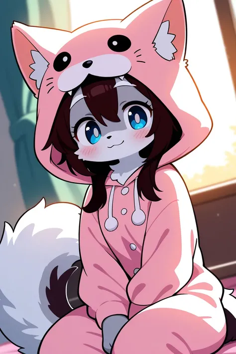 1girl, solo, furry, kemono, furry skin, Spotted fur, dynamic angle, full body, cowboy shot, smile, sitting, cute smile, cat ears, wolf tail, fluffy cat kigurumi, pink pajamas, pink bedroom, day, sunlight, animal paws