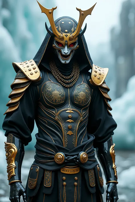 breathtaking cinematic science fiction photo of a portrait of a non human masked Grim dressed as a samurai with Oni mask with metal gold wings and chains around his neck in black, white and gold metalskin, body full glowing metrics inside, glowing multicol...