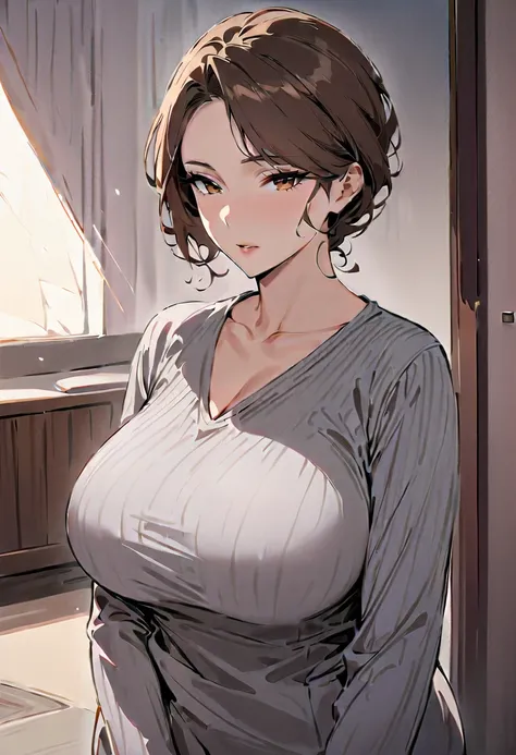 (masterpiece, best quality:1.2), 1 girl, alone, milf, hot, elegant, big breasts, long brown hair, motherly gaze, gentle, in a grey sweater, bedroom behind, full body, no pants 