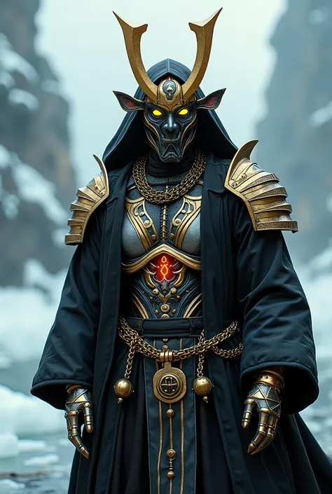 breathtaking cinematic science fiction photo of a portrait of a non human masked Grim dressed as a samurai with Oni mask with metal gold wings and chains around his neck in black, white and gold metalskin, body full glowing metrics inside, glowing multicol...