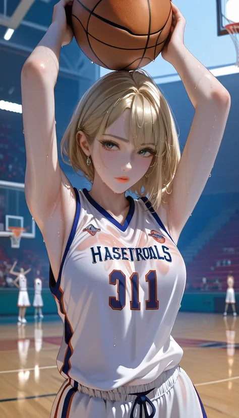 1girl, solo, basketball girl, basketball jersey, sweating, sweatdrop, wet, throwing basketball, rising arms