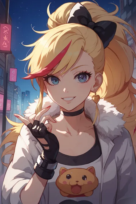 Anime art concept, anime, girl, long side bangs, long flowing ponytail, blonde with red highlights on hair, red stripes on hair, Y2K Revival outfit, thick eyelashes, Blusa baby tee, ultra detailed face, idol, mini saia plissada, presilhas no cabelo, botas ...