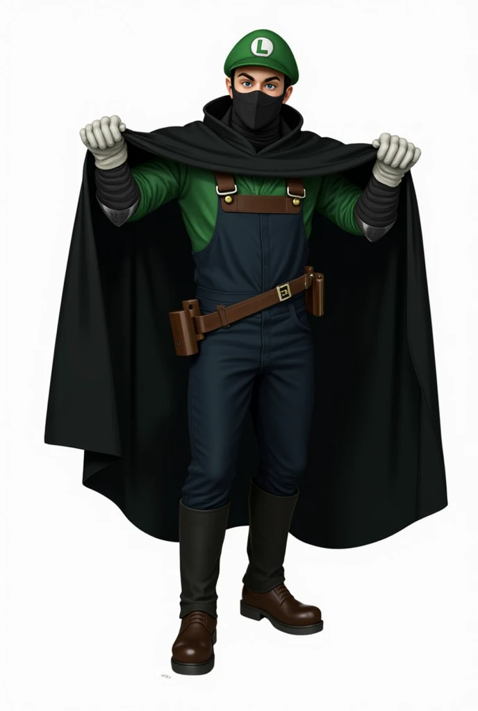 Luigi wearing the green cap from super mario brothers and the outfit and mask worn from V is for Vendetta. Wrenches are attached to the suit like throwing knives 