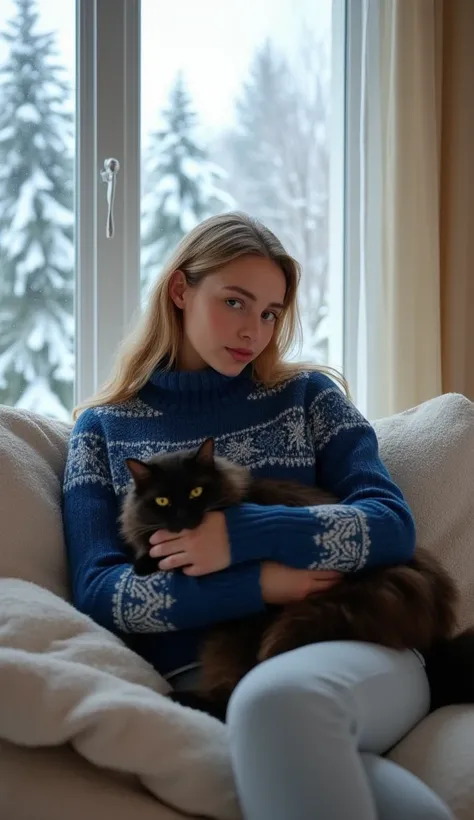  young girl 30 years old .  Blonde with ashy hair,  long hair up to the shoulder blade . European / Russian face type .  Blue Detailed live eyes , neat nose, cheekbones,  and slightly plump lips . sitting on a light sofa.  Dressed in a blue knitted sweater...