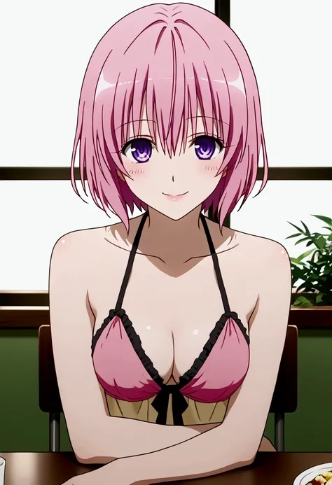  score_9,   source  _animated, animated coloring, momodevil , 1 girl, Alone, Para amar-ru, sweet veil deviluke,  cut bob,  short hair,  pink hair,  purple eyes,  medium breasts,  Bright colors , pastel, bright  pink hair, Cabello Flor , Pink Bikini,   sitt...