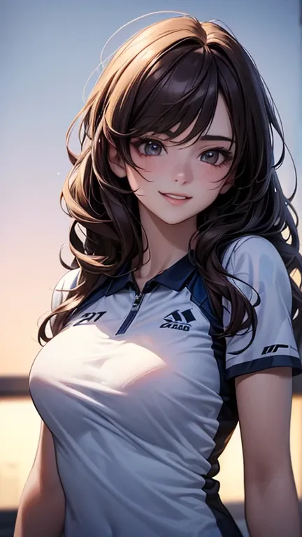 a cool anime 18 years old girl on tennis outfit, girlfriend material, smiling but not blushing, beautiful detailed face, long wavy hair, perfect body ratio, adorable girl, 3:4 body looks, front view, look at the camera, perfect background, (best quality,4k...