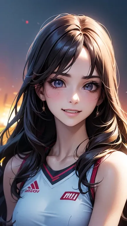 a cool anime 18 years old girl on tennis outfit, girlfriend material, smiling but not blushing, beautiful detailed face, long wavy hair, perfect body ratio, adorable girl, 3:4 body looks, front view, look at the camera, perfect background, (best quality,4k...