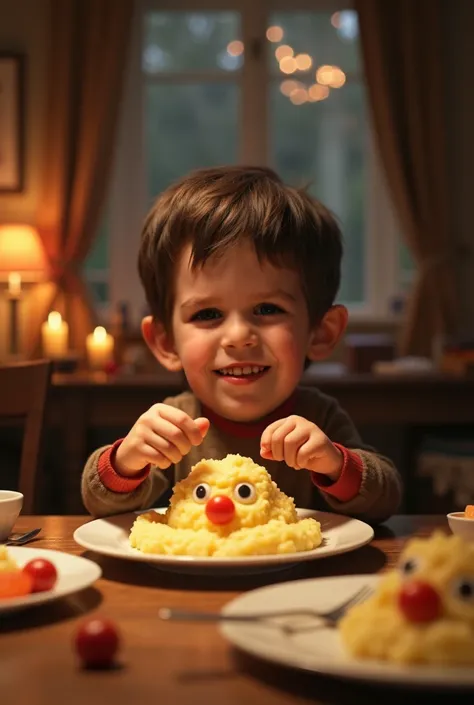 cinematic scene,dining table while Willy
Was making a clown face in his mashed potatoes.