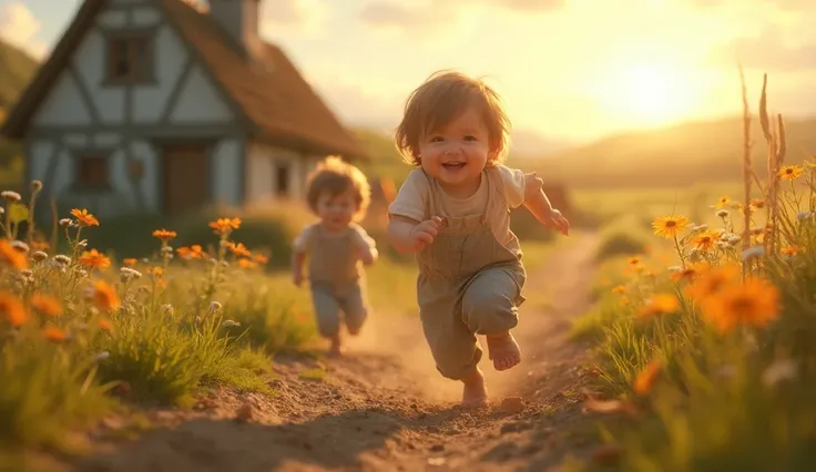 A realistic image of  a toddler, plays joyfully in the dirt and grass around the small house. His laughter fills the air as he runs alongside his friends, a carefree smile on his face. The sun is bright and warm, casting long shadows across the countryside...