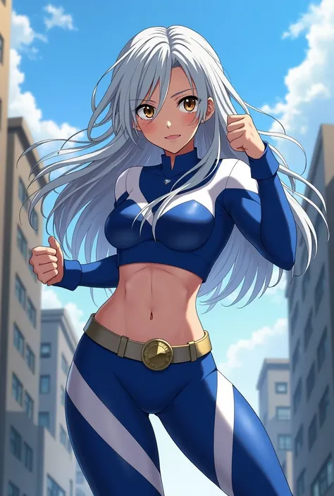 My Hero Academia Style , Anime girl, female, young female ,Full Body Shot,(fighting stance:1.3),Long hair, Silver Hair,  Brown Eyes,Hero Suit, Full Body Suit, Blue suit with white details, perfect anatomy,  Toughened Abs,super detailed,(Buildings:1.2）