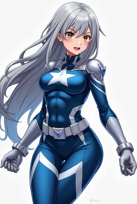 My Hero Academia Style , Anime girl, female, young female ,Full Body Shot,(fighting stance:1.3),Long hair, Silver Hair,  Brown Eyes,Hero Suit, Full Body Suit, Blue suit with white details, perfect anatomy,  Toughened Abs,super detailed,(Buildings:1.2）