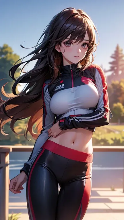 a cool anime 18 years old girl on running outfit, girlfriend material, country road background, beautiful detailed face, long wavy hair, perfect body ratio, adorable girl, 3:4 body looks, front view, look at the camera, perfect background, (best quality,4k...