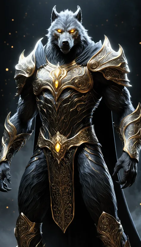 A towering werewolf clad in gleaming, dark steel armor stands motionless, piercing golden eyes locked onto the viewer. His massive frame is both menacing and majestic, the intricate engravings on his armor glowing faintly with an ethereal light. Wisps of s...