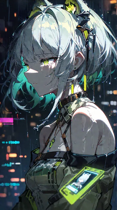  1 girl, Alone, kal'tsit \(arknights\) arknights,  bare shoulders, wet, portrait, Profil,  half-closed eyes ,  tears, glowing neon , gleaming, Spark, lightning,  cyberpunk, hlpr, futuristic, hologram, Disturbance ,  error message ,  holographic face , ui, ...