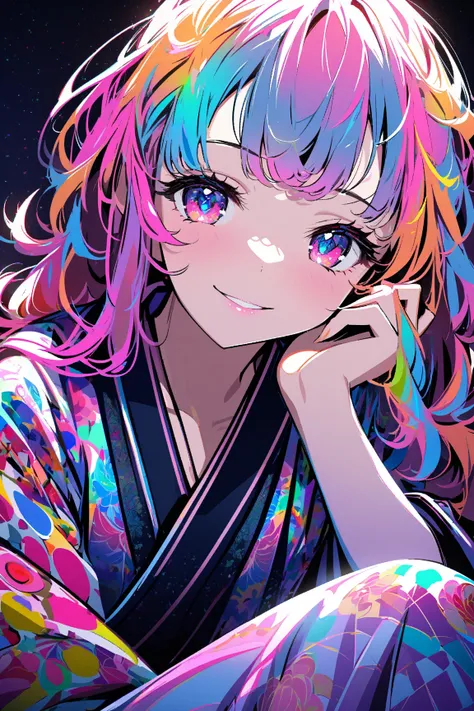 Portrait Photograph of a Beautiful shy girl sitting on her couch at night, TV glow, wild colorful hair, gorgeous face, tattoos, silk kimono, perfect proportions, ((warm smile))