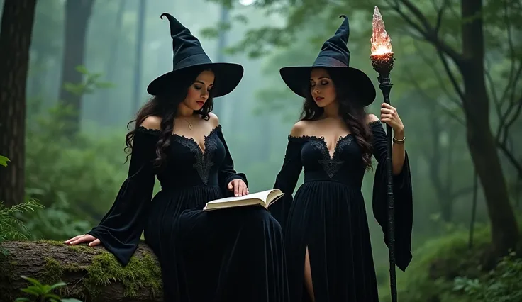 Two sensual and provocative curvy witches in a dense, misty forest, one sitting on a moss-covered log with a spellbook, and the other standing with a staff adorned with glowing crystals, both in dark velvet dresses with intricate lace details.