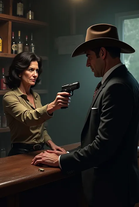 A strong dark-haired 50 year-old woman is behind a counter in a dark pub. She points a gun at a man wearing a suit and a silly cowboy hat