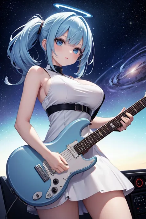  A girl playing an electric guitar in a spaceship that can see the universe, A tight white dress ,Various hairstyles and hair colors,Big Breasts,Angle of view visible from head to toe ,Setting diagram, Overlooking,  high definition , masterpiece,  anatomic...