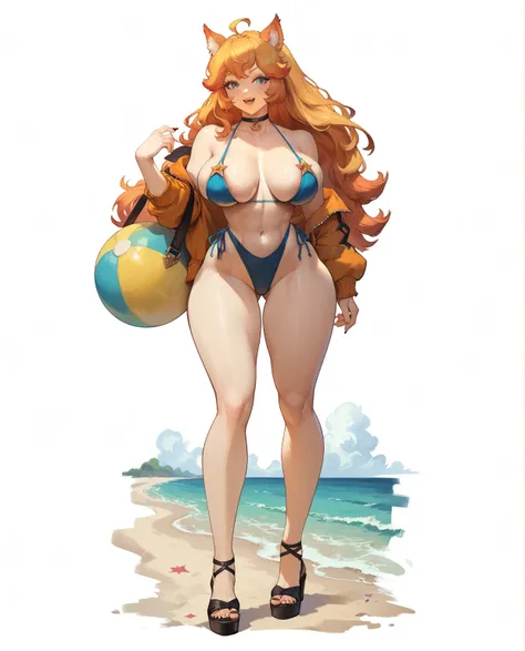 (masterpiece, anthropomorphic fantasy anime style, creative art), solo, a cartoon picture of a woman in a bikini standing on a beach, is wearing a swimsuit, a juicy peach humanoid, on the beach, on a sunny beach, on the beach, full body portrait of a short...