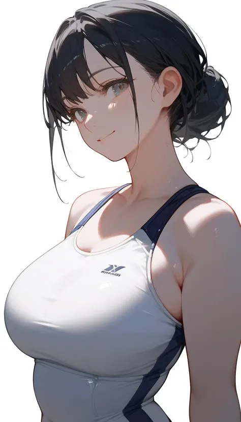 score_9, score_8_up, score_7_up, score_6_up, score_5_up, score_4_up, (((anime))), source_anime, white skin, 1 anime girl, (((white sports swimsuit))), black hair, (white background), tall woman, plump, upper body, thighs, stomach, sexy smile
