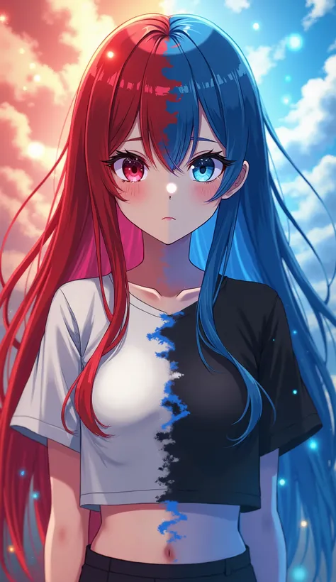 Anime, duality, one sleeve, split the screen  into two halves, split the girl into halves, half girl and half man, split eye color, red and blue hair, white and black crop top, red eyeshadow and blue eyeshadow, red fire and blue water, red and blue eyes, u...