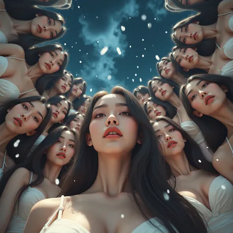 ExtremelyDetailed ProfessionalPhoto, Transform Into Live-Action, (XLabs F.1 Realism LoRA V1), 8K HDR Group photo, many Idol group girls Surrounding the camera in Upward composition, Panoramic, Filled with many Faces, Looking down at the camera, Face closeu...