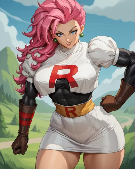 (masterpiece, anthropomorphic fantasy anime style, creative art), solo, anime giRl with pink haiR and a silveR dRess with a Red Ribbon, team Rocket, saiyan giRl, in anime style, In an anime style, RossdRaws 2.5, high quality fanaRt, RossdRaws 1.0, R/aRt, R...