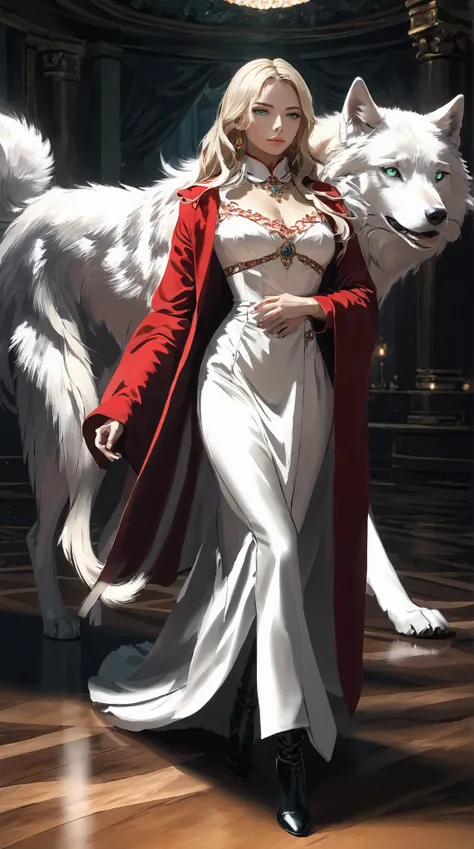 Fantasy Art, , ultra-wide-angle shot, ROH,  photorealistic , A picture of a woman and her  (white: 1.4) Wolf pet , The woman,  eine exquisite,  beautiful human woman ,  long blonde hair ,  braided hair , green eyes, carry elegant silk dress,  complicated d...