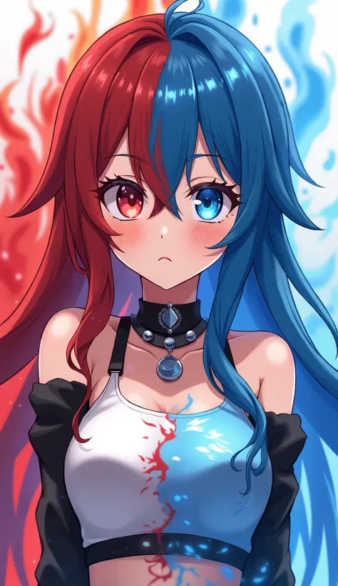 Anime, duality, one sleeve, split the screen  into two halves, split  into halves, half  gorgeous girl and half male man, split eye color, red and blue hair, white and black crop top, red eyeshadow and blue eyeshadow, red fire and blue water, red and blue ...