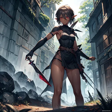 masterpiece, best quality, highly detailed, digital art, character design, full body shot, (single female elf assassin:1.4), ((dark skin tone:1.3)), (dark red eyes:1.2), ((short dark ash hair:1.3)), hair ornament, long eyelashes, (small pointy ears:1.2), l...