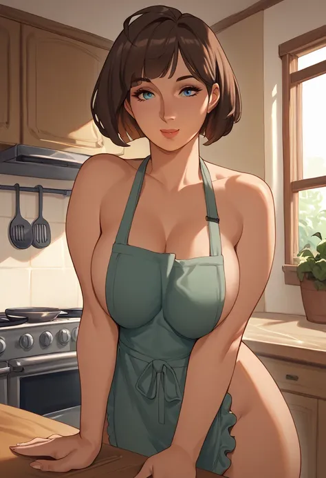 score_9, score_8_up, score_7_up, source_anime, 1woman, mature, human female, human, detailed face, jawline, smooth skin, beige skin, beautiful eyes, blue eyes, brunette, big breasts, bob cut hair, apron, naked apron, indoors, kitchen,