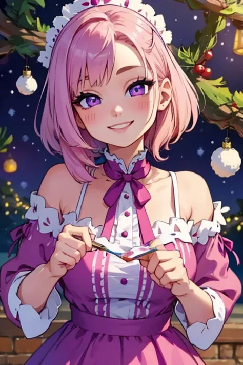 Perfect face. Perfect hands. A petite pink haired woman with violet eyes in a cute holiday dress is painting decorating a tree with a big smile