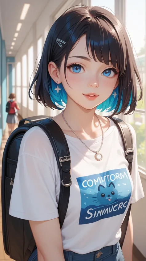 Image is a digital illustration in an anime style, featuring a young woman with a cheerful expression. She has short, dark hair with a slight blue tint and large, bright blue eyes. Her skin is fair, and she has a slight blush on her cheeks. She is wearing ...