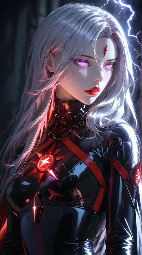  1 girl, (Augenbinde), two-tone hair:1.3,  long hair, Red lips,  , black latex bodysuit, pale skin, Dornenkrone ,  dramatic lighting , soft shadow,  masterpiece,  best quality , secure, SFW,  very aesthetic , Latest , Absurd,  highres icon, lightning, glea...