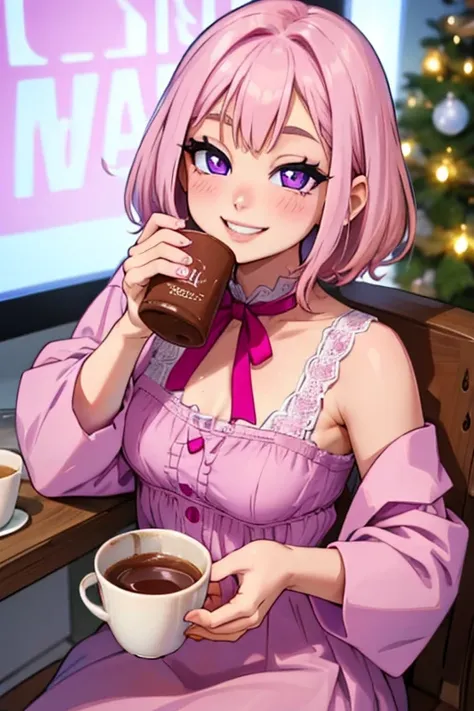 Perfect face. Perfect hands. A petite pink haired woman with violet eyes in a cute holiday dress is sipping hot chocolatewith a big smile