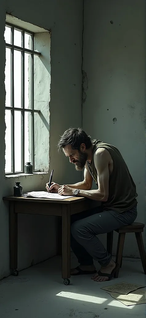 Draw a man in a jail writing in despair