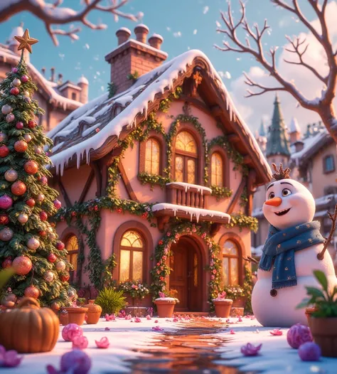 Generate a beautiful candy house with a snowy climate background on the right side, a Christmas tree decorated with bears and candies, and on the right side a snowman with his carrot nose and a blue scarf with white polka dots. 