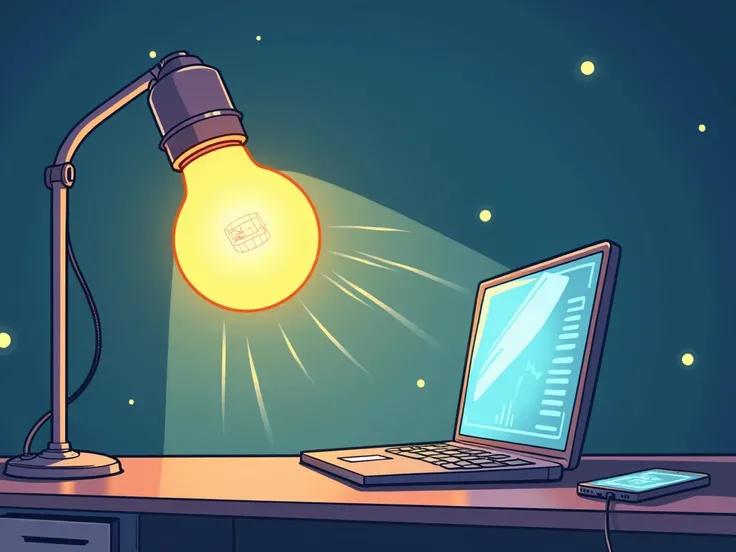 An educational 2D cartoon or vector illustration depicting the concept of Li-Fi technology. The image should show an LED light bulb transmitting data through visible light waves to a smartphone or computer. The light should be stylized as beams or waves co...