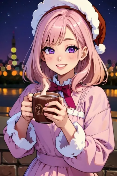 Perfect face. Perfect hands. A petite pink haired woman with violet eyes in a cute holiday dress is sipping hot chocolatewith a big smile