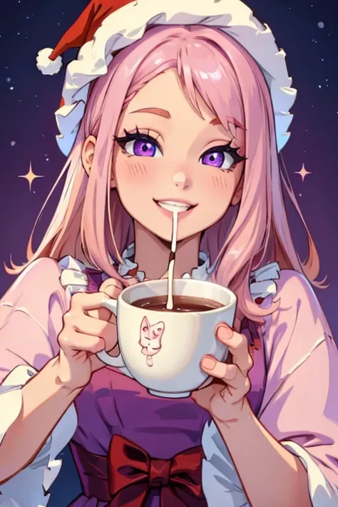 Perfect face. Perfect hands. A petite pink haired woman with violet eyes in a cute holiday dress is sipping hot chocolatewith a big smile