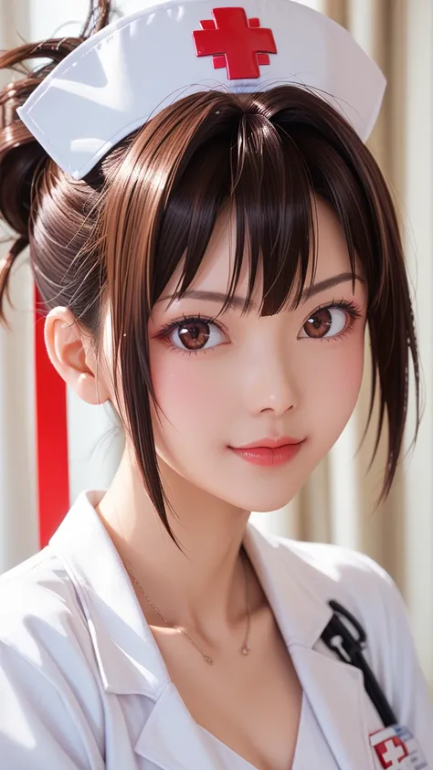 score_9,score_8_up,score_7_up,1girl,solo,anime Face,small face,(big eyes:0.1),Squint eyes,Look At Viewer,(smile:0.3),Brown Hair,Messy Tip Hairstyle,white nurse,(Ao Dai:1.3)