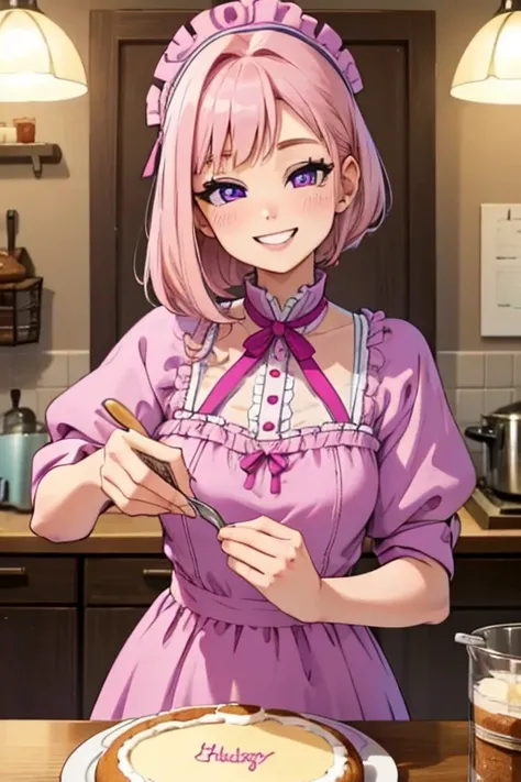 Perfect face. Perfect hands. A petite pink haired woman with violet eyes in a cute holiday dress is baking a cake with a big smile