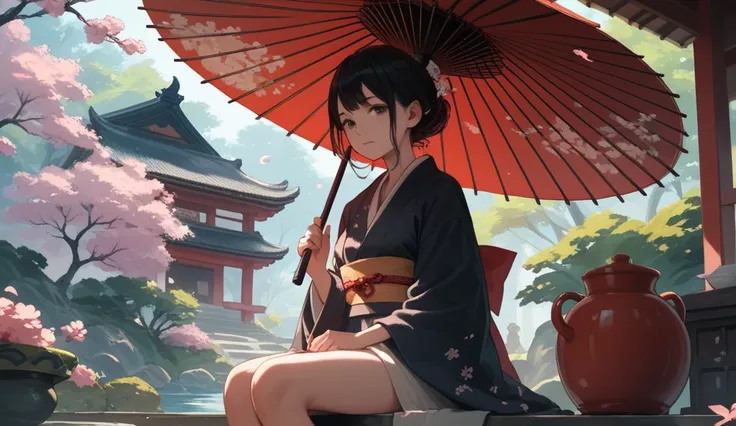 girl with long black hair sitting in a japanese garden with umbrella